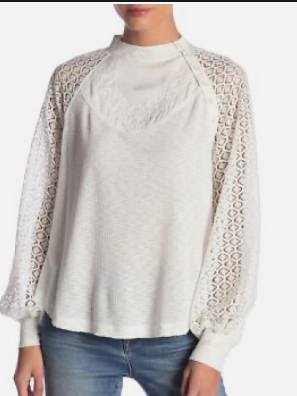 Free People Sweetest Thing Thermal Top Medium Lace Sleeve Boho Waffle Knit EUC
